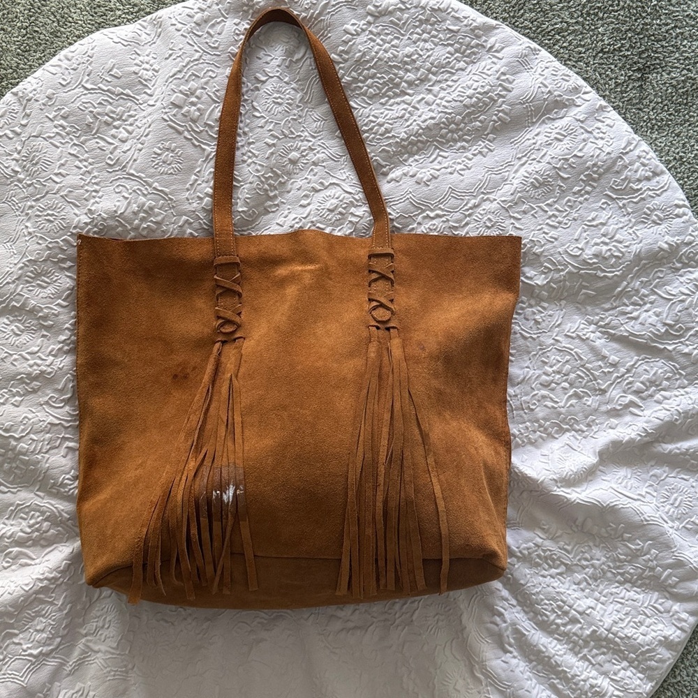 Argentine Real Suede British Tan Cognac Tote Bag with Tassels - Picture 14 of 14